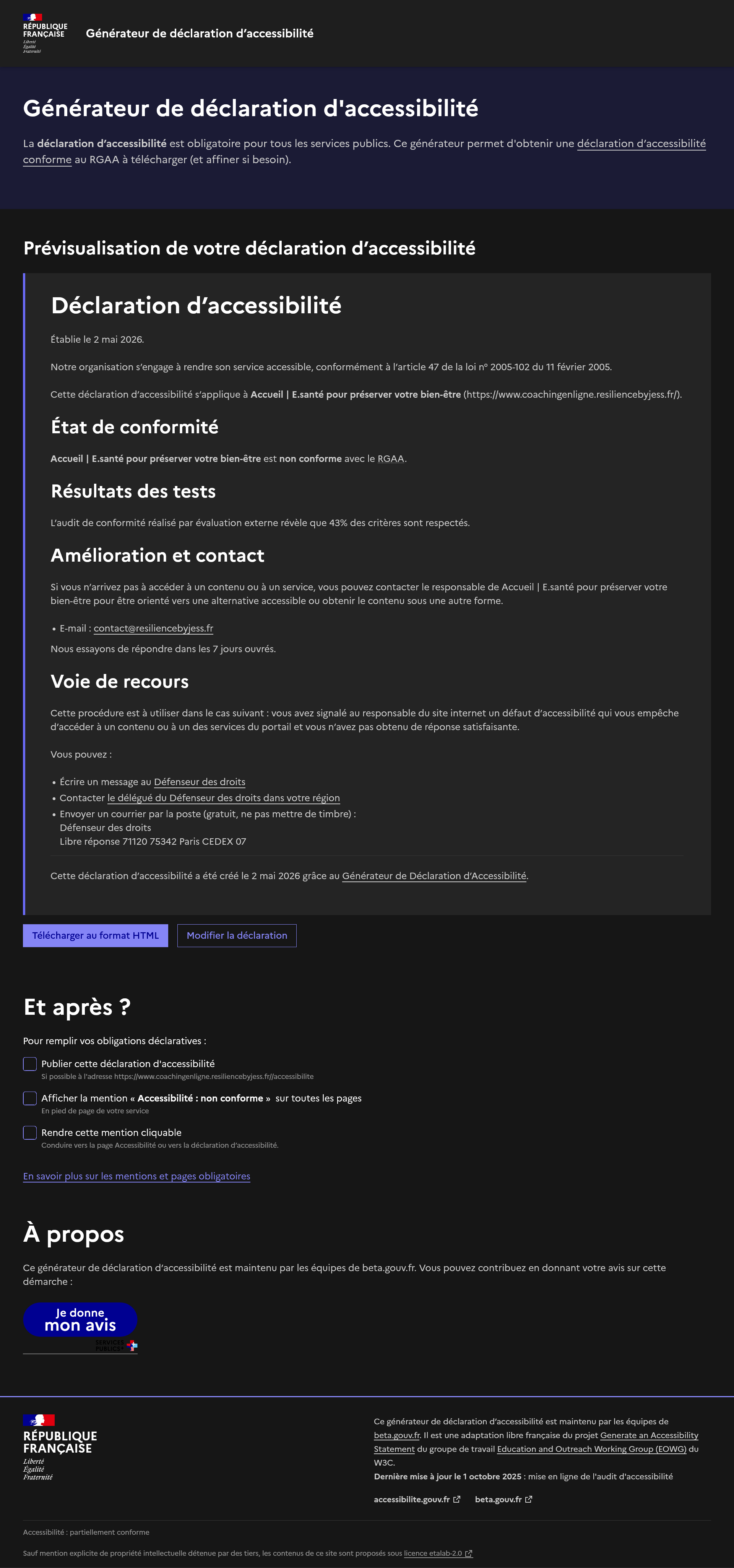 43% des critères respectés  Nous contacter en cas de besoin à contact@resiliencebyjess.fr  Délais de réponses : 7 jours ouvrés
